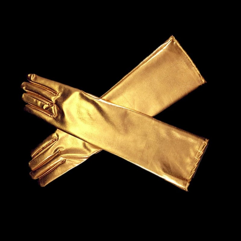DreamHigh Women's 17" Long Satin Cosplay Finger Gloves Gold - Image 2
